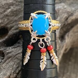 Gems En Vogue Ring Sz 9 Two Tone Sterling, Sleeping Beauty & Coral w/ Feathers